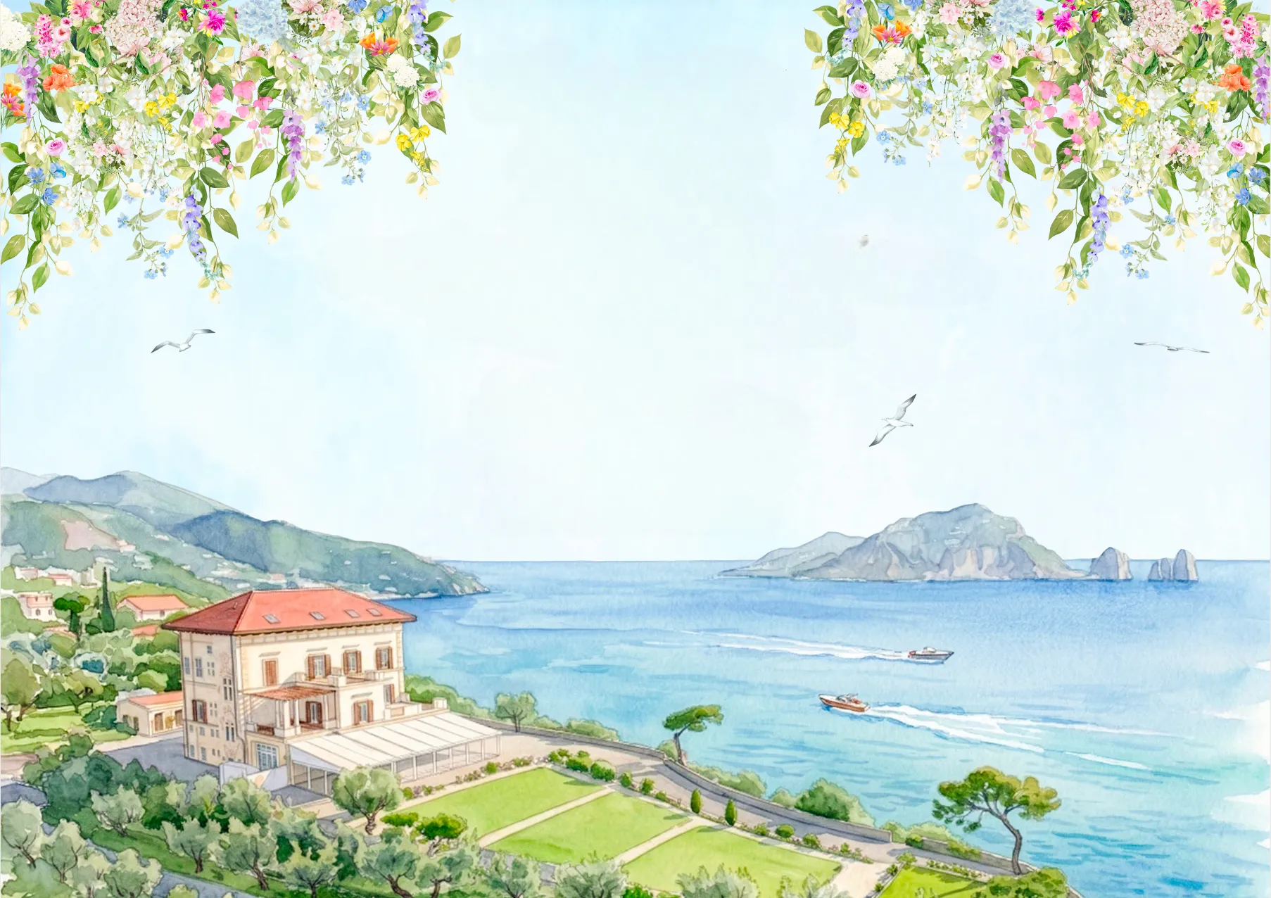 Villa Angelina - illustrazione acquerello con vista sul mare e Capri